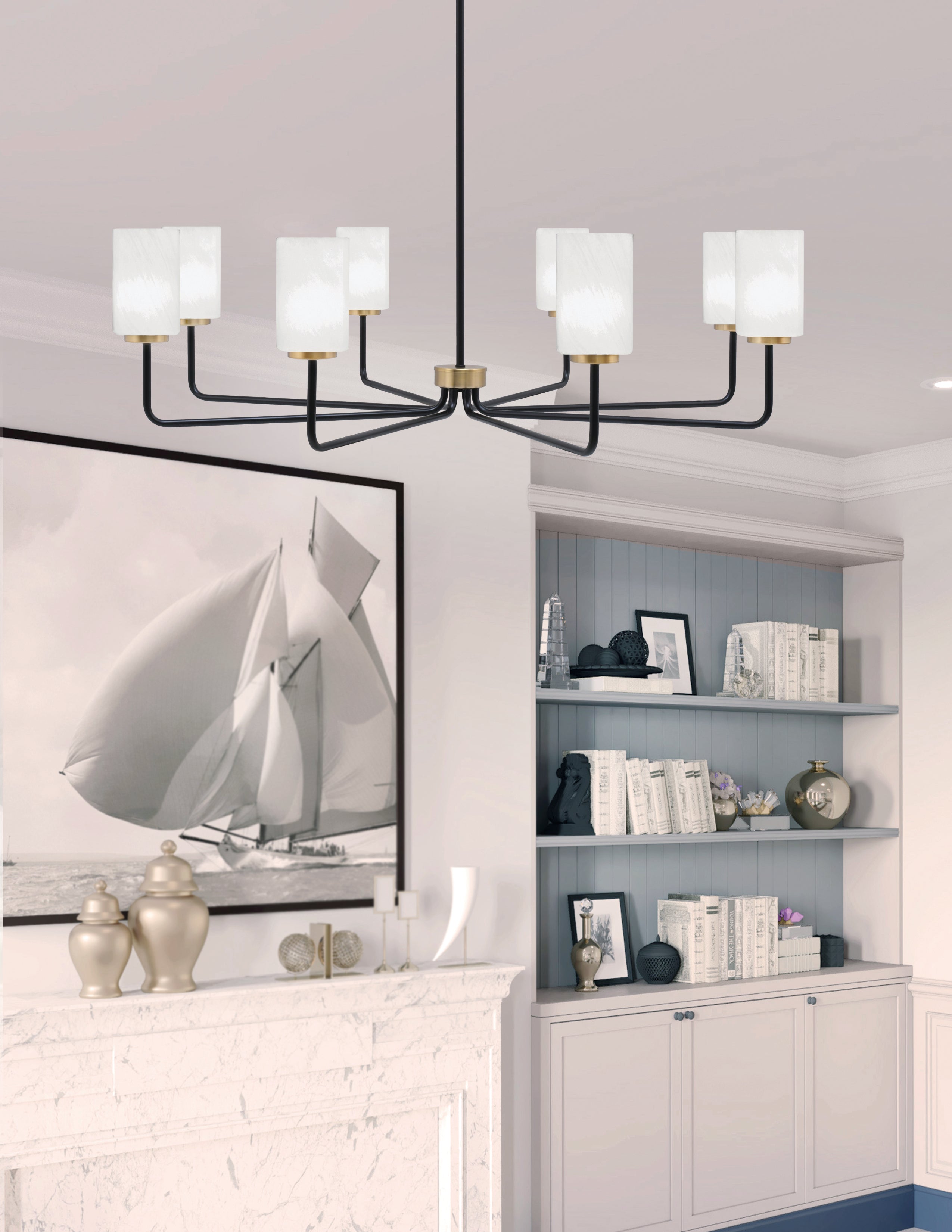 Sandia Eight Light Chandelier in Matte Black & New Age Brass with White Marble Shade