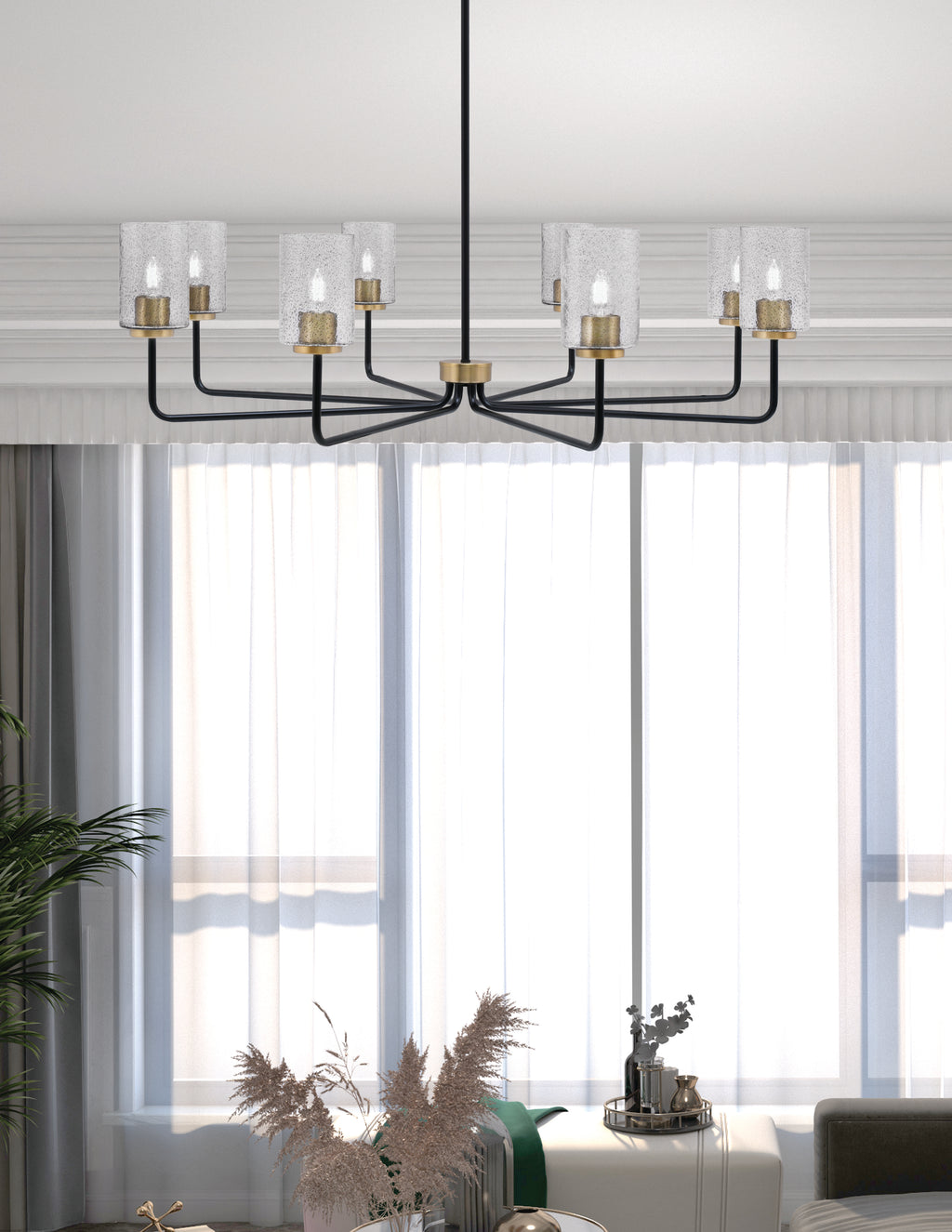 Sandia Eight Light Chandelier in Matte Black & New Age Brass with Smoke Bubble Shade