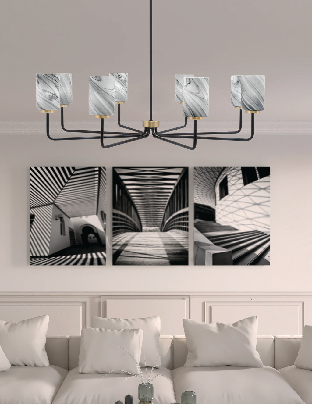 Sandia Eight Light Chandelier in Matte Black & New Age Brass with Onyx Swirl Shade