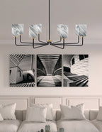 Sandia Eight Light Chandelier in Matte Black & New Age Brass with Onyx Swirl Shade