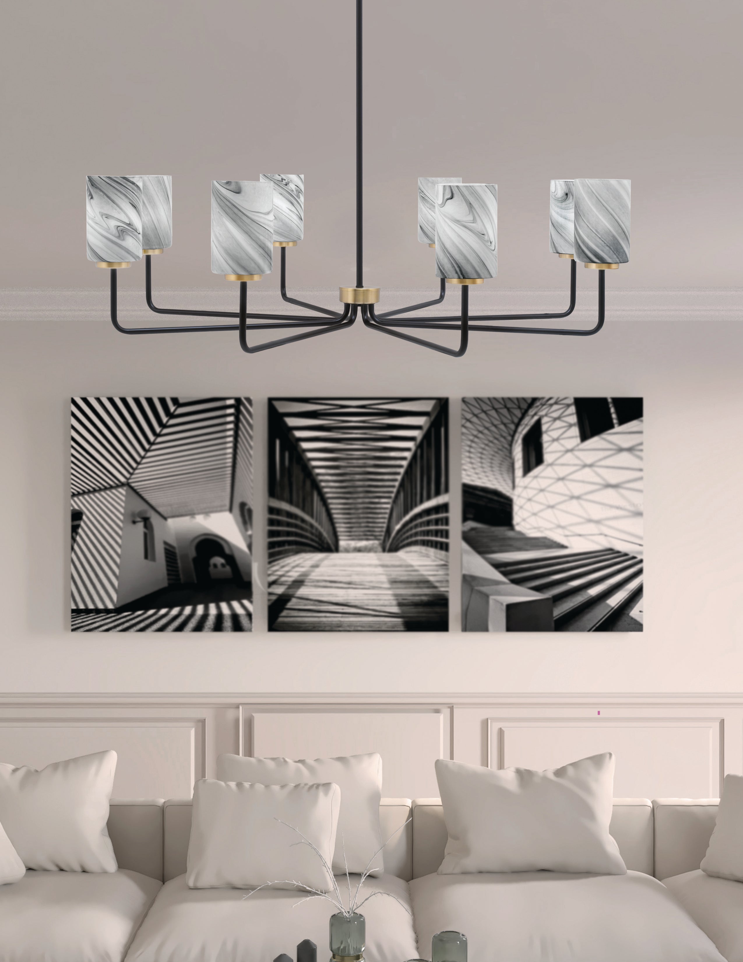 Sandia Eight Light Chandelier in Matte Black & New Age Brass with Onyx Swirl Shade