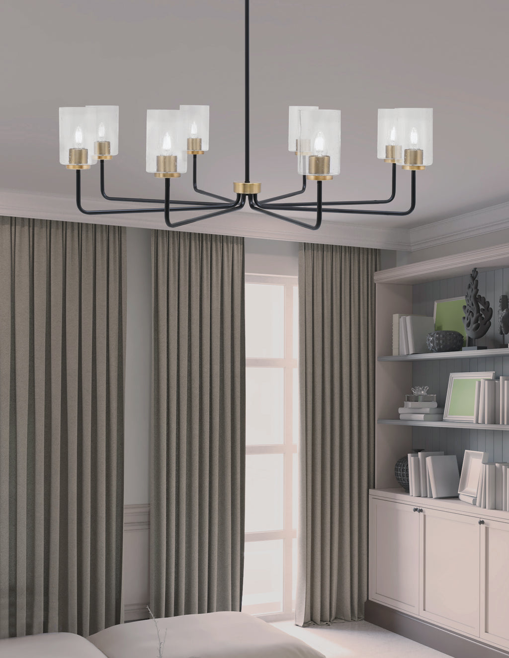 Sandia Eight Light Chandelier in Matte Black & New Age Brass with Clear Bubble Shade