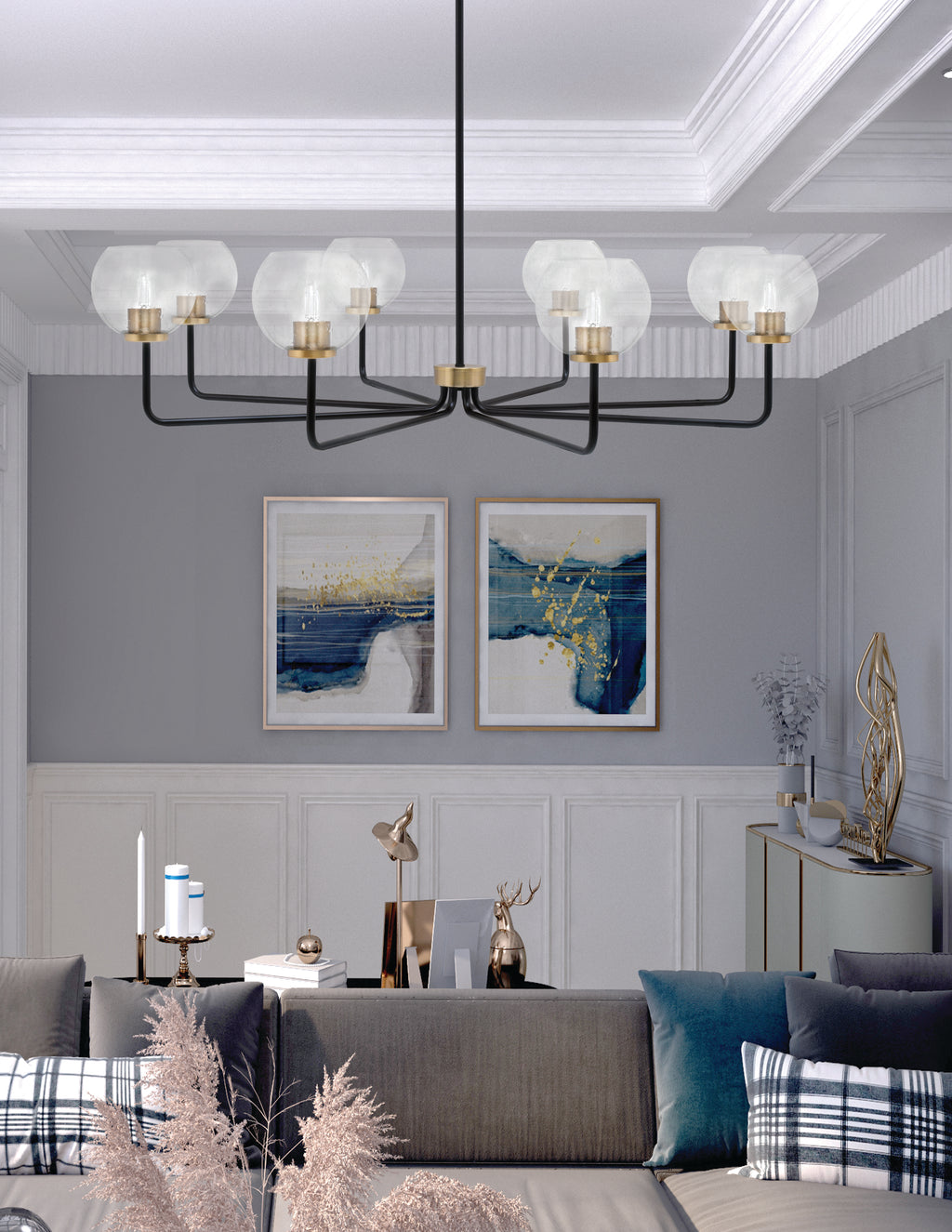Sandia Eight Light Chandelier in Matte Black & New Age Brass with Clear Bubble Shade