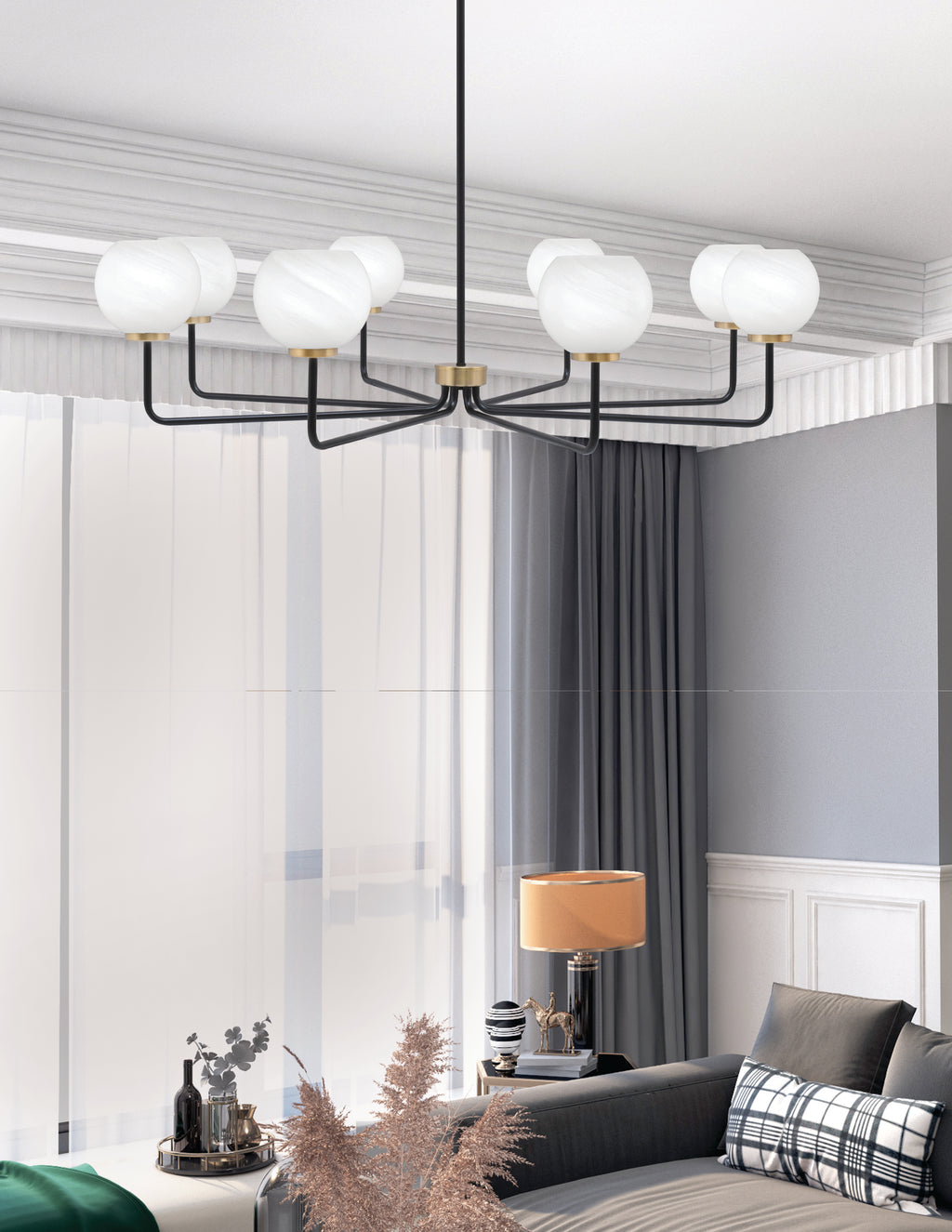 Sandia Eight Light Chandelier in Matte Black & New Age Brass with White Marble Shade