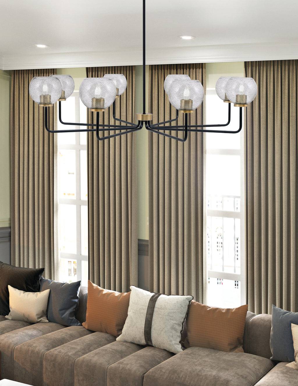 Sandia Eight Light Chandelier in Matte Black & New Age Brass with Smoke Bubble Shade