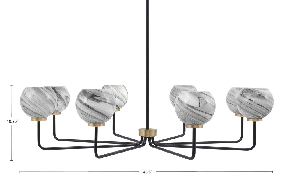Sandia Eight Light Chandelier in Matte Black & New Age Brass with Onyx Swirl Shade