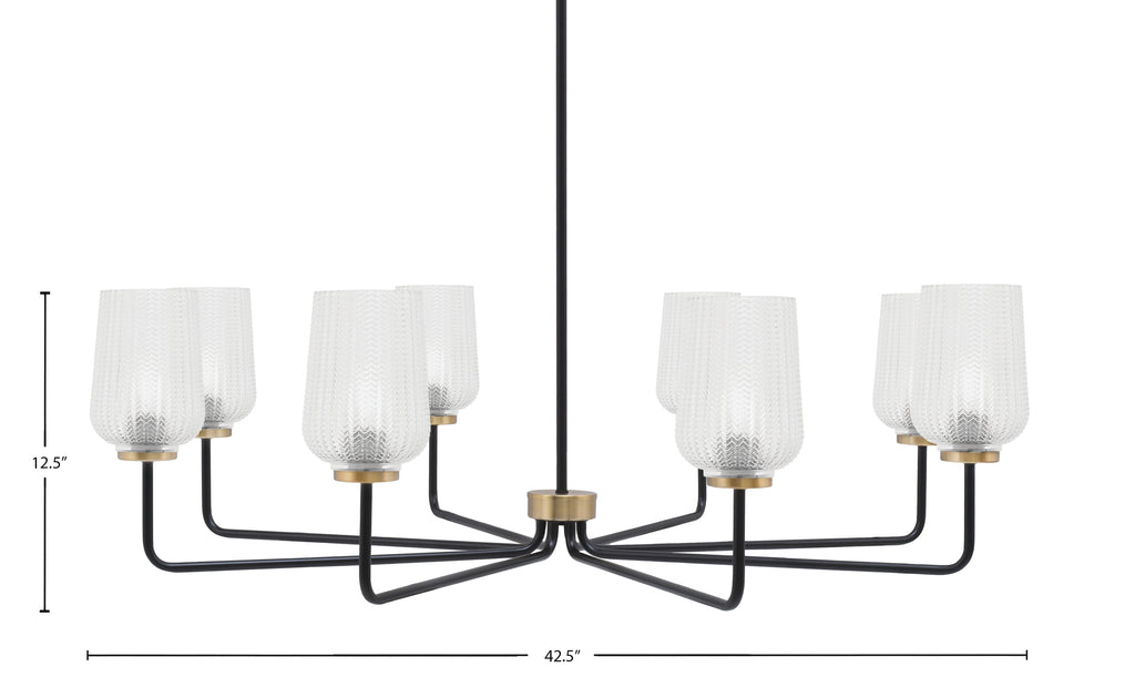 Sandia Eight Light Chandelier in Matte Black & New Age Brass with Clear Textured Shade