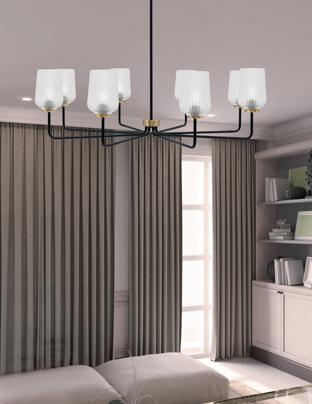 Sandia Eight Light Chandelier in Matte Black & New Age Brass with Clear Textured Shade