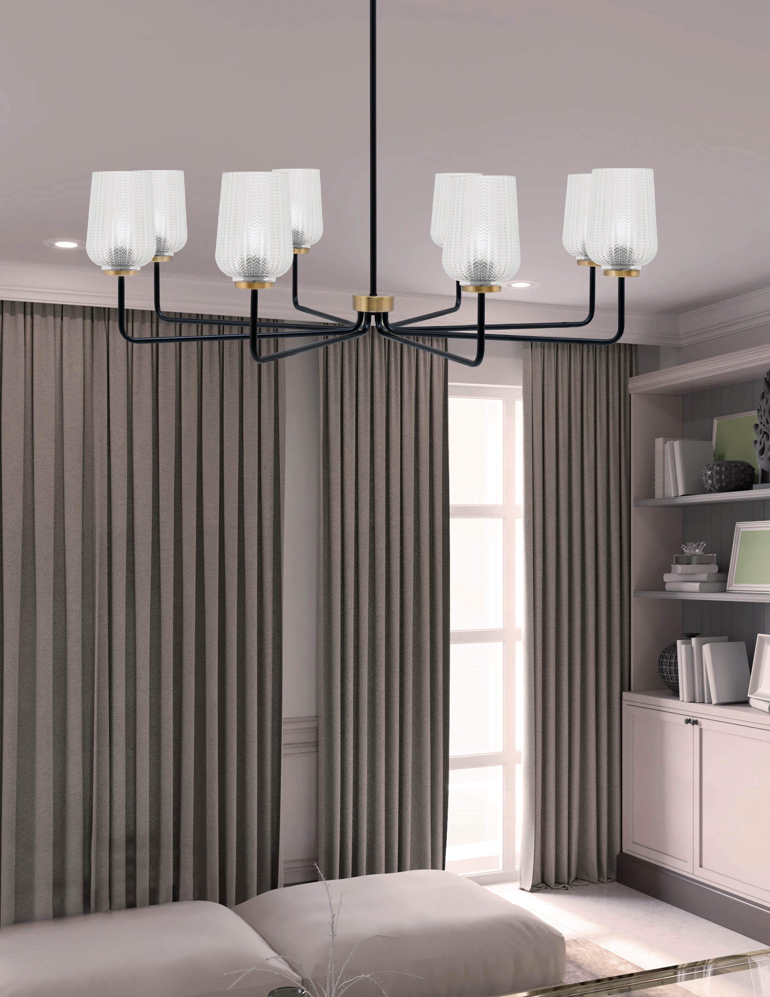 Sandia Eight Light Chandelier in Matte Black & New Age Brass with Clear Textured Shade
