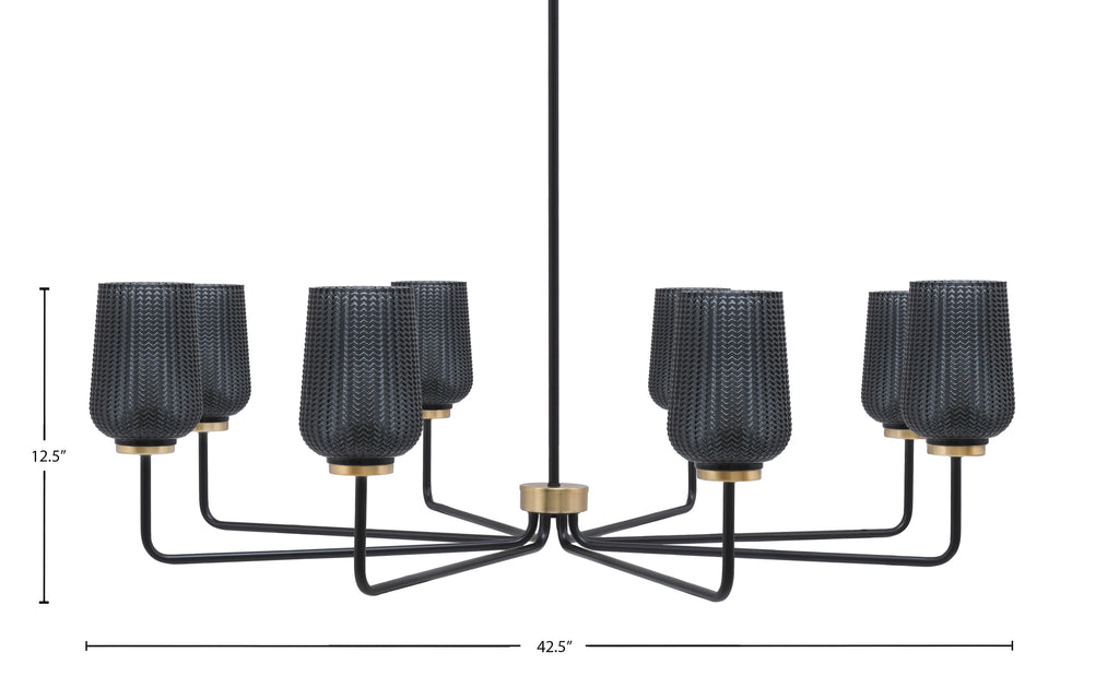 Sandia Eight Light Chandelier in Matte Black & New Age Brass with Smoke Textured Shade