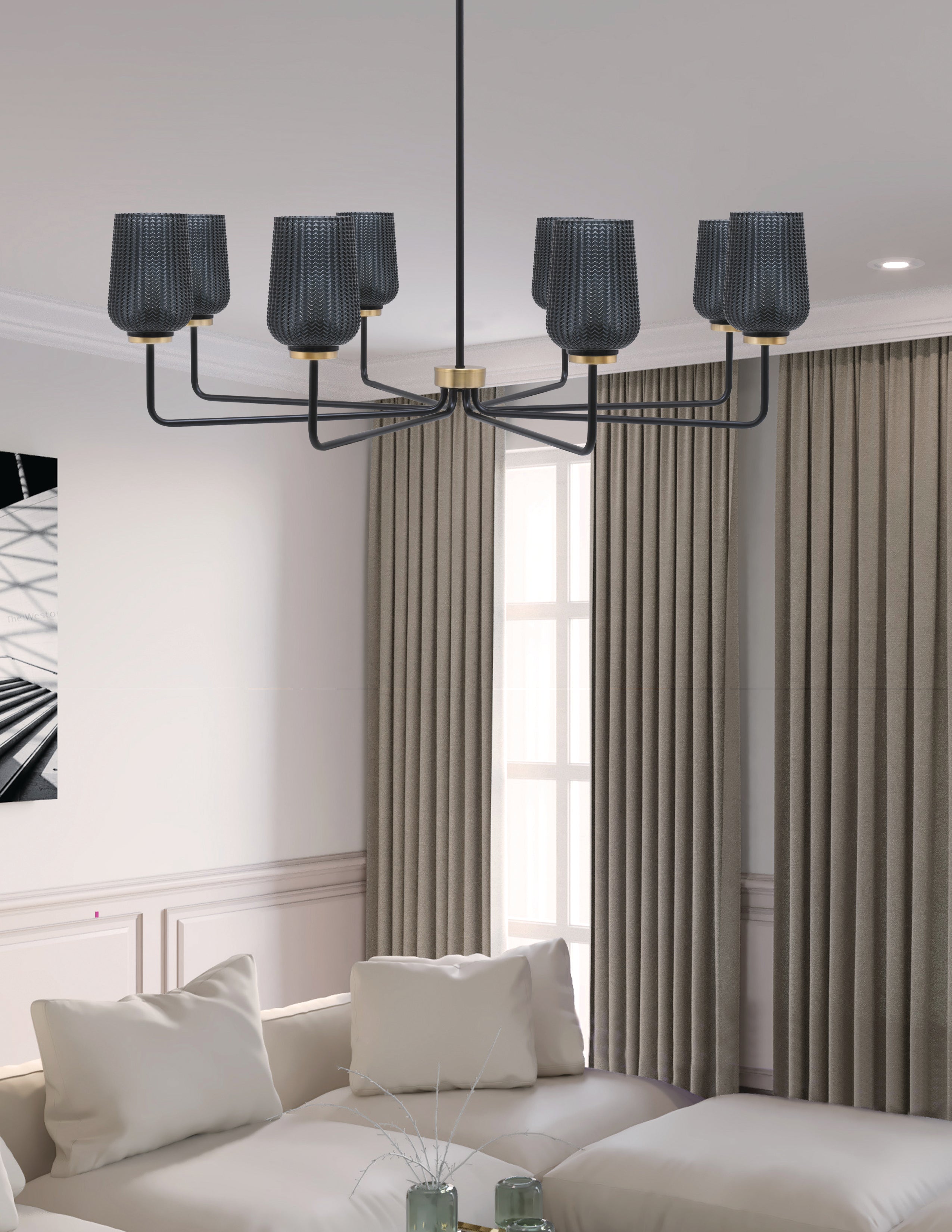 Sandia Eight Light Chandelier in Matte Black & New Age Brass with Smoke Textured Shade