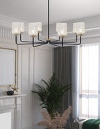 Sandia Eight Light Chandelier in Matte Black & New Age Brass with Silver Textured Shade