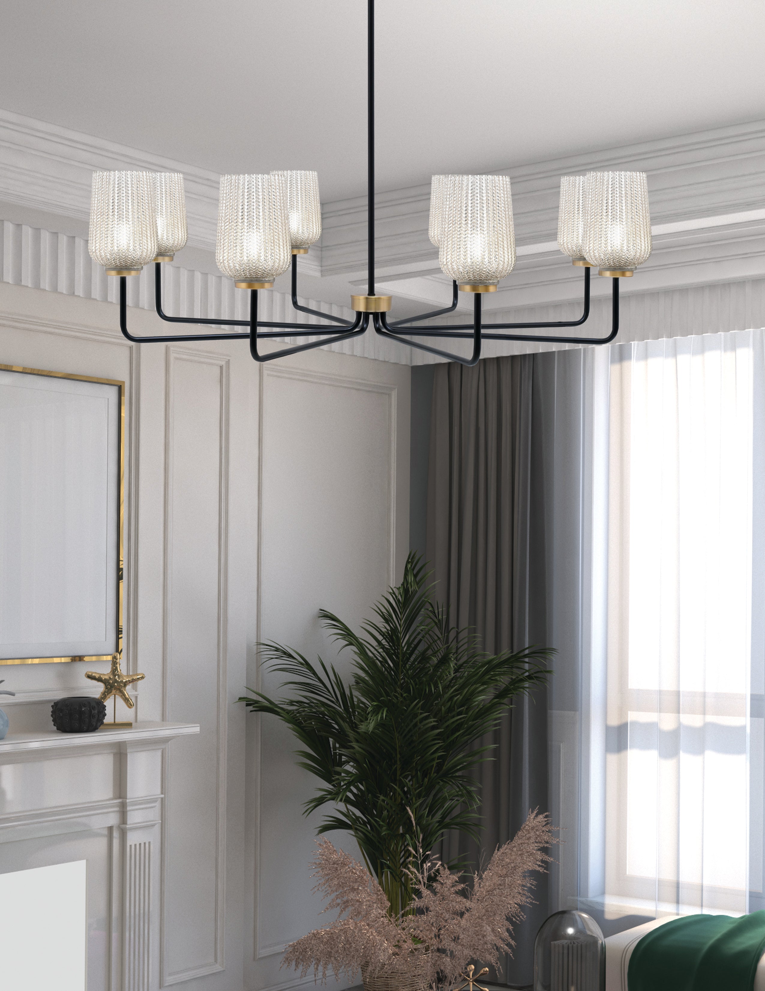 Sandia Eight Light Chandelier in Matte Black & New Age Brass with Silver Textured Shade