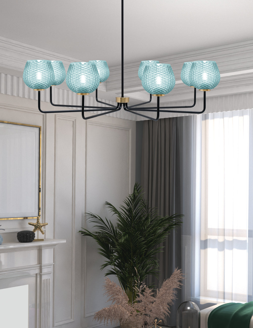 Sandia Eight Light Chandelier in Matte Black & New Age Brass with Turquoise Textured Shade