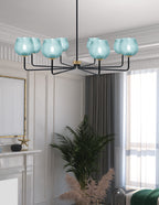 Sandia Eight Light Chandelier in Matte Black & New Age Brass with Turquoise Textured Shade