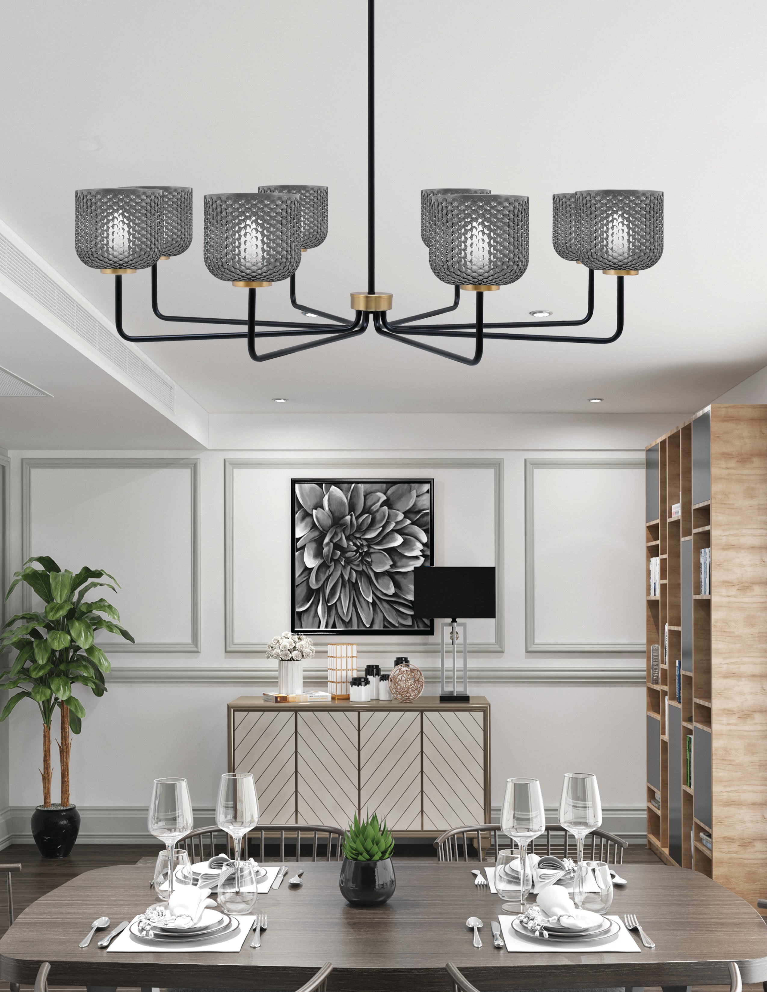 Sandia Eight Light Chandelier in Matte Black & New Age Brass with Smoke Textured Shade