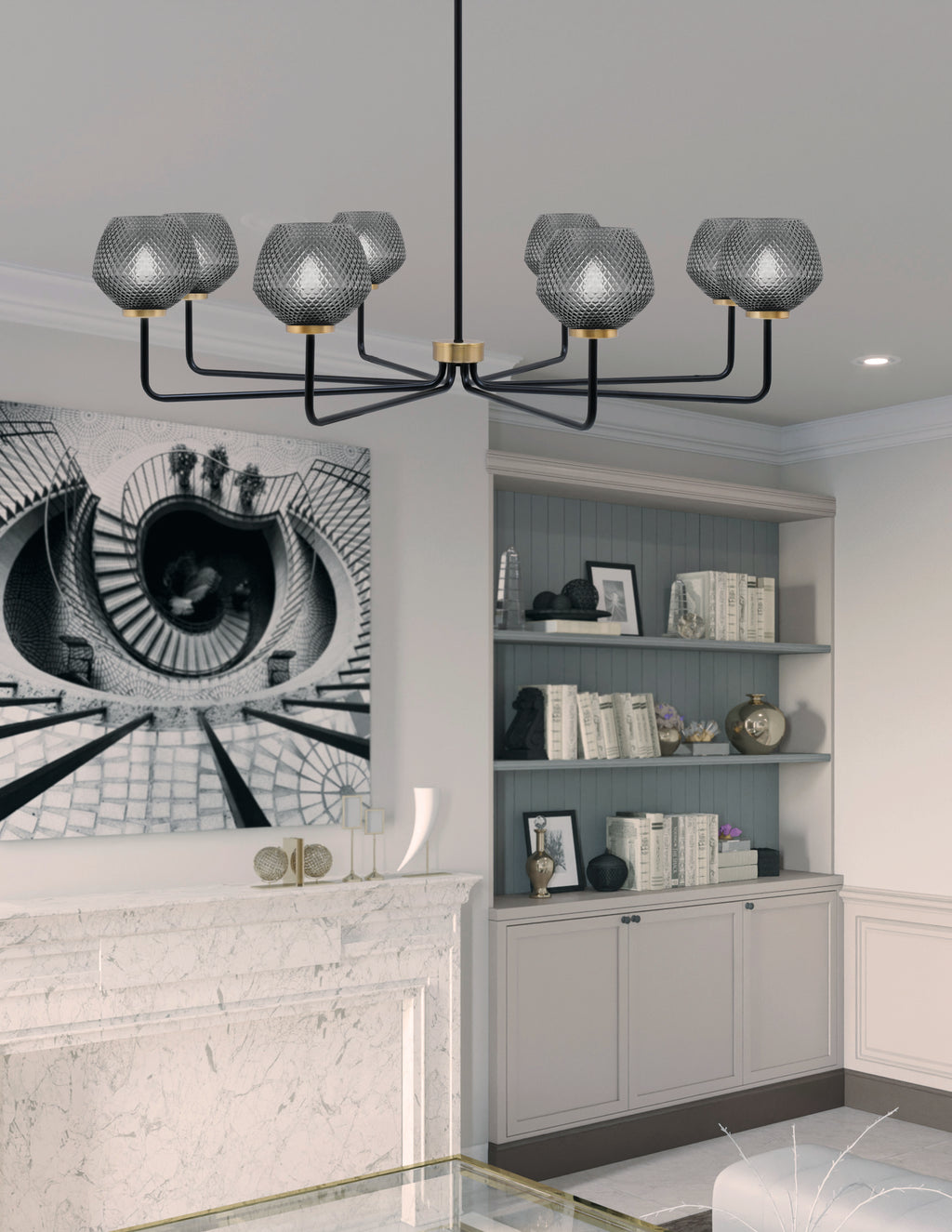 Sandia Eight Light Chandelier in Matte Black & New Age Brass with Smoke Textured Shade