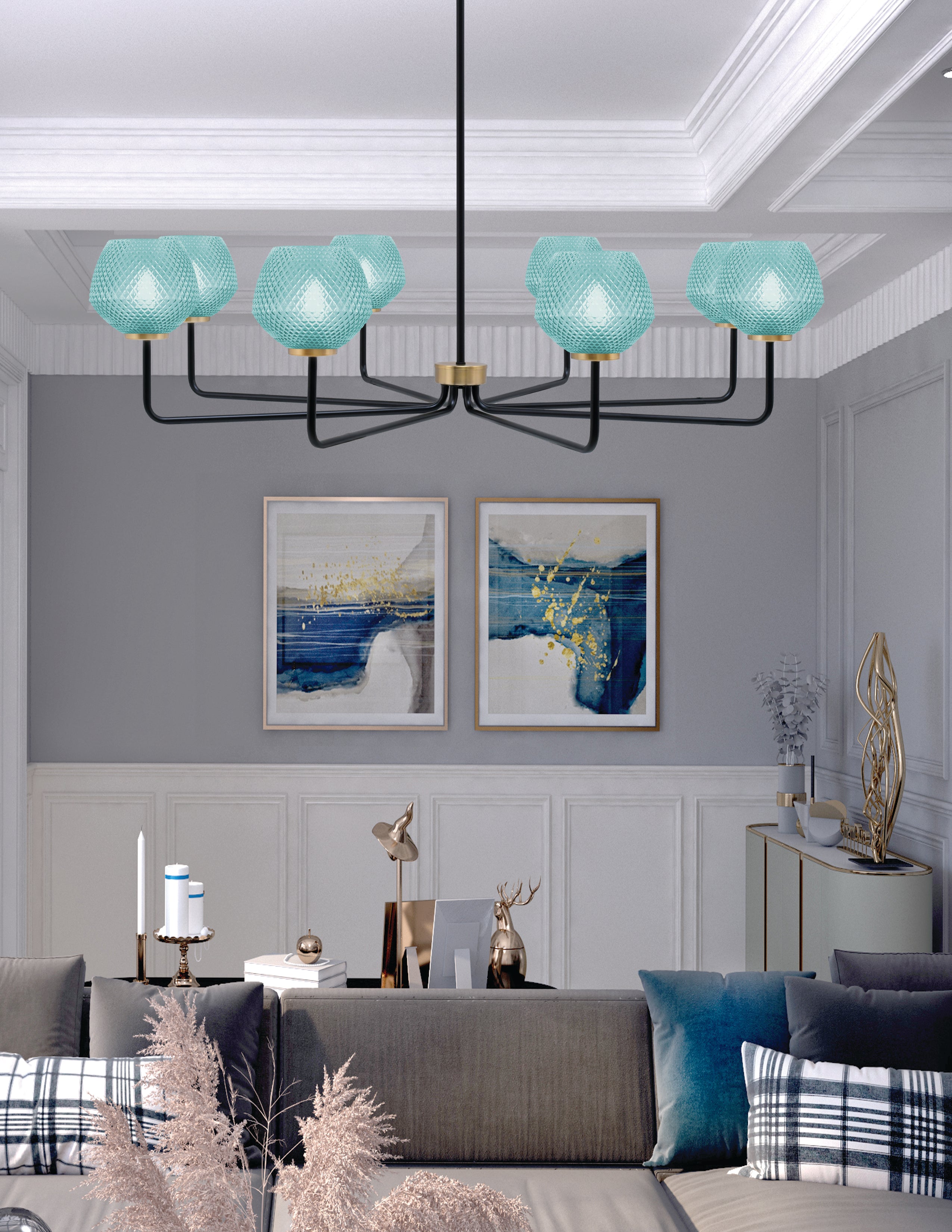 Sandia Eight Light Chandelier in Matte Black & New Age Brass with Turquoise Textured Shade
