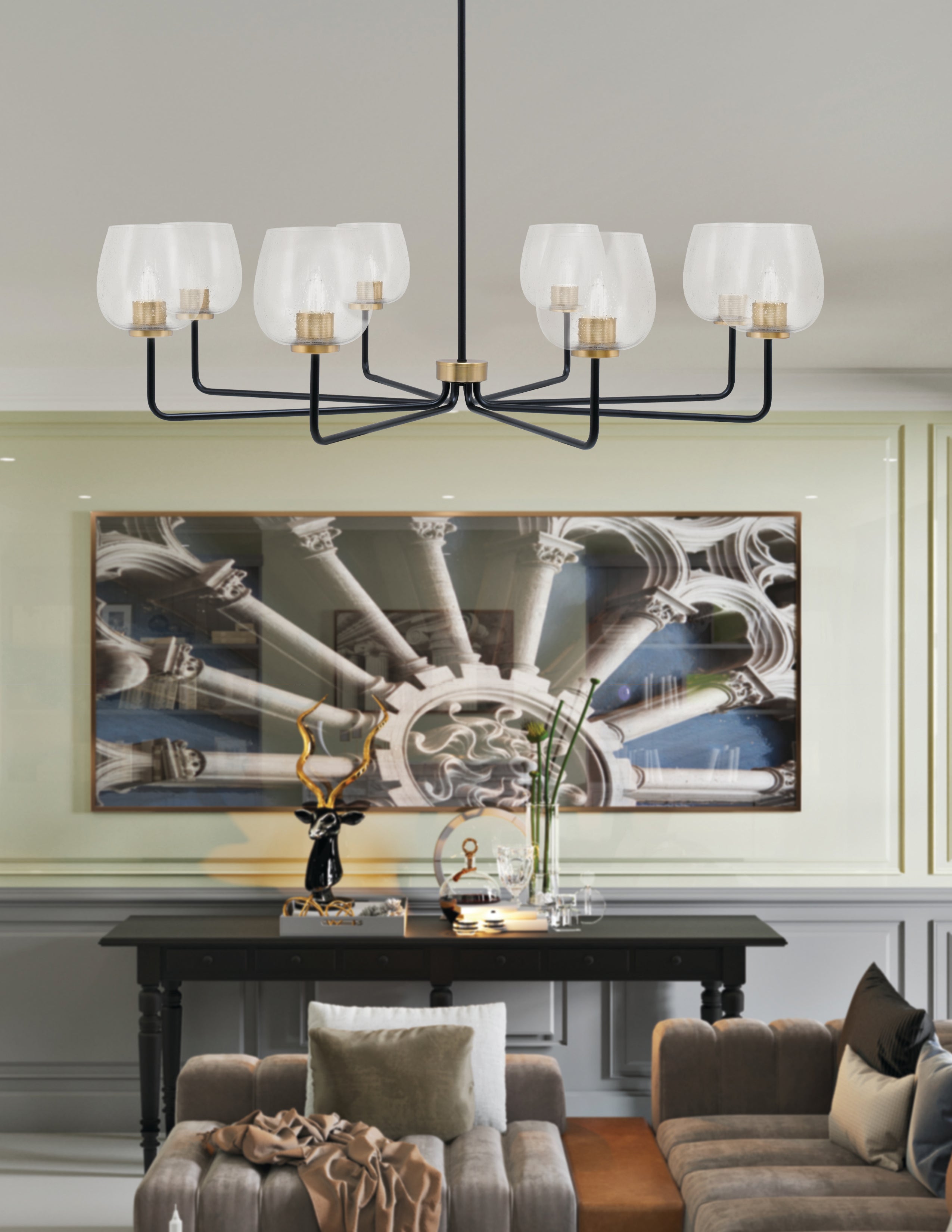 Sandia Eight Light Chandelier in Matte Black & New Age Brass with Clear Bubble Shade