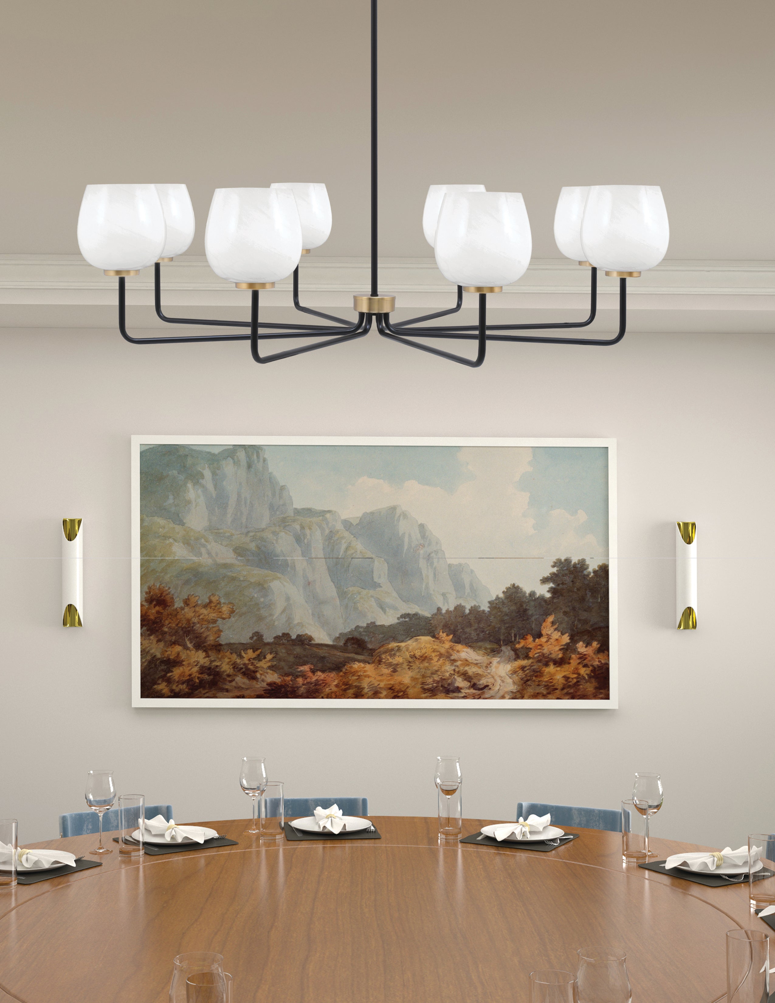 Sandia Eight Light Chandelier in Matte Black & New Age Brass with White Marble Shade