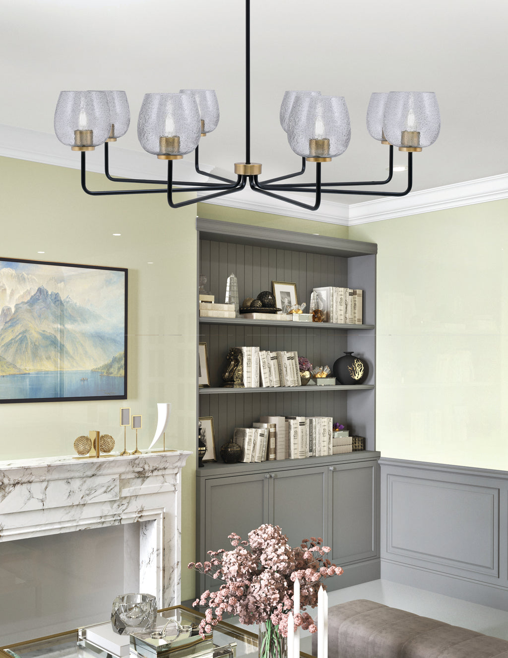 Sandia Eight Light Chandelier in Matte Black & New Age Brass with Smoke Bubble Shade