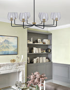 Sandia Eight Light Chandelier in Matte Black & New Age Brass with Smoke Bubble Shade
