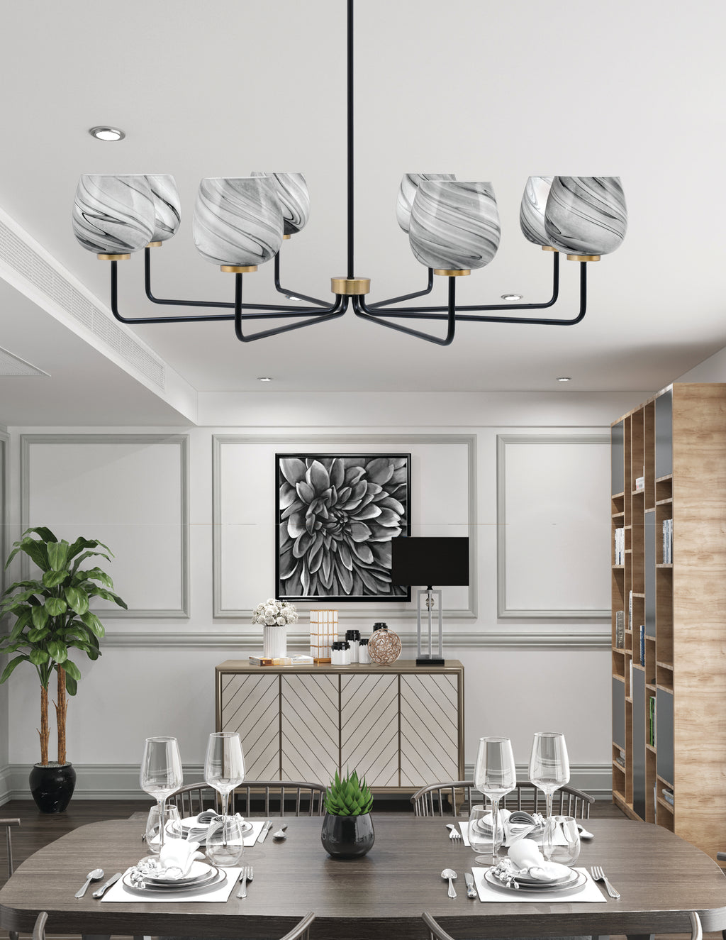 Sandia Eight Light Chandelier in Matte Black & New Age Brass with Onyx Swirl Shade