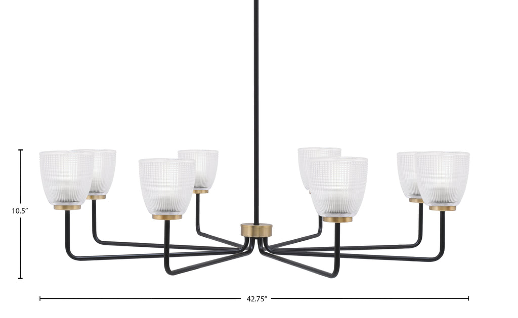 Sandia Eight Light Chandelier in Matte Black & New Age Brass with Clear Ribbed Shade