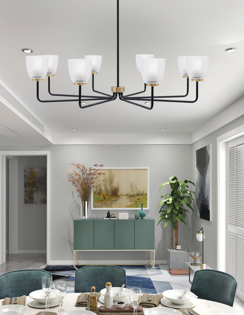 Sandia Eight Light Chandelier in Matte Black & New Age Brass with Clear Ribbed Shade