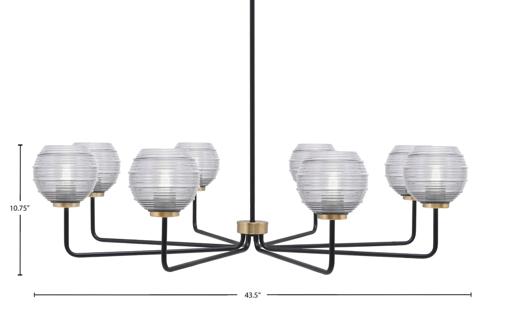 Sandia Eight Light Chandelier in Matte Black & New Age Brass with Clear Ribbed Shade