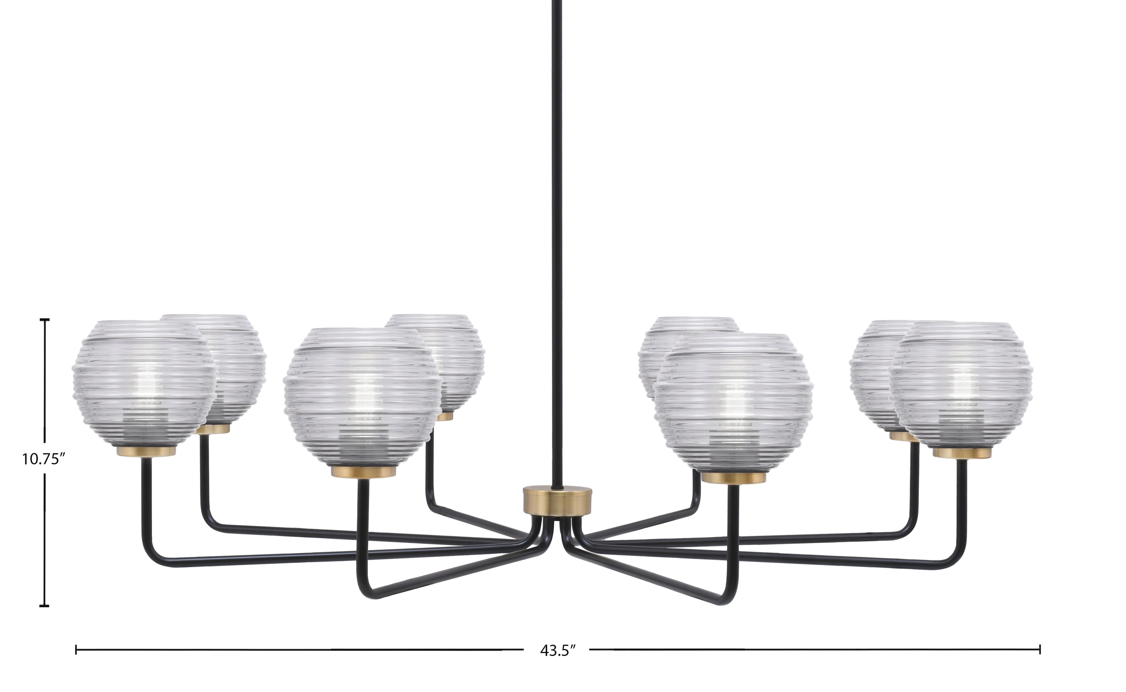 Sandia Eight Light Chandelier in Matte Black & New Age Brass with Clear Ribbed Shade