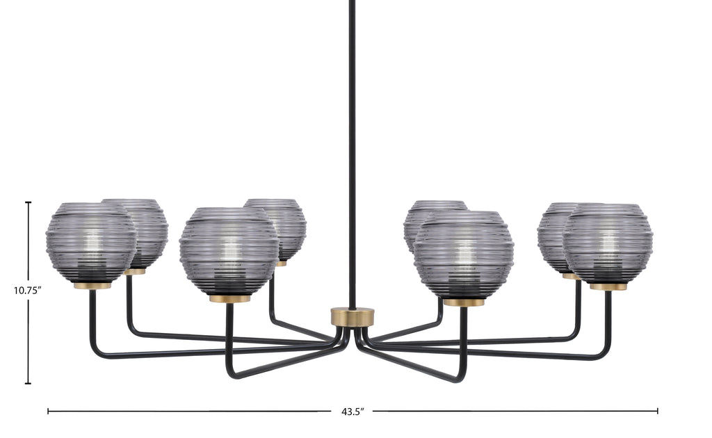 Sandia Eight Light Chandelier in Matte Black & New Age Brass with Smoke Ribbed Shade