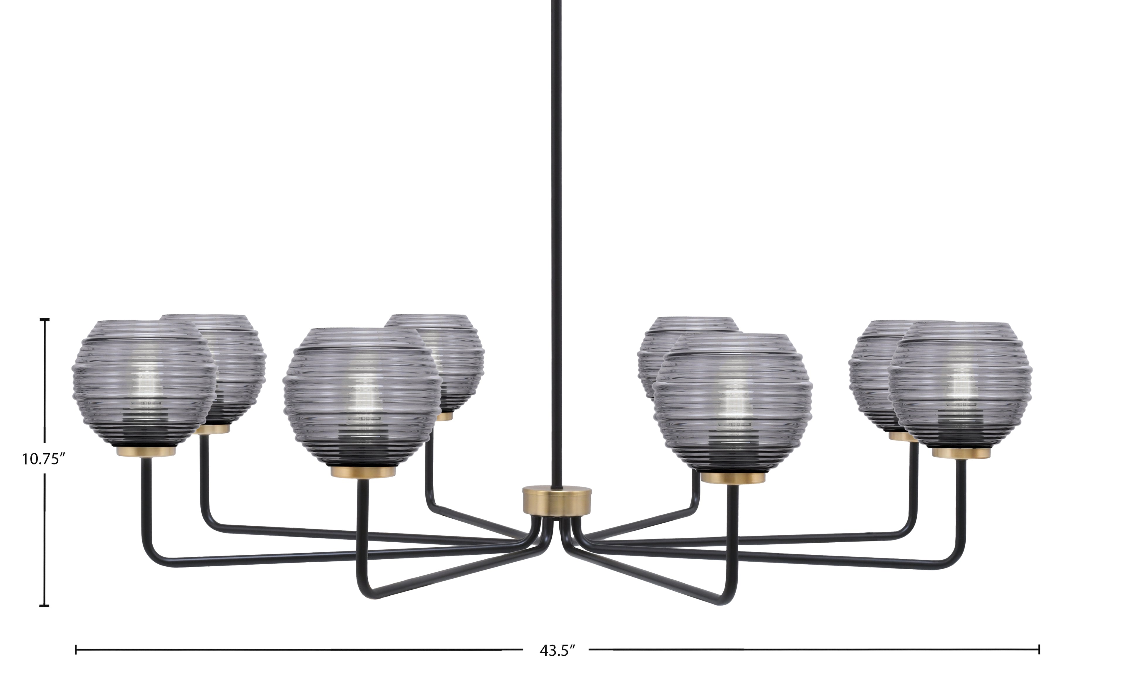 Sandia Eight Light Chandelier in Matte Black & New Age Brass with Smoke Ribbed Shade