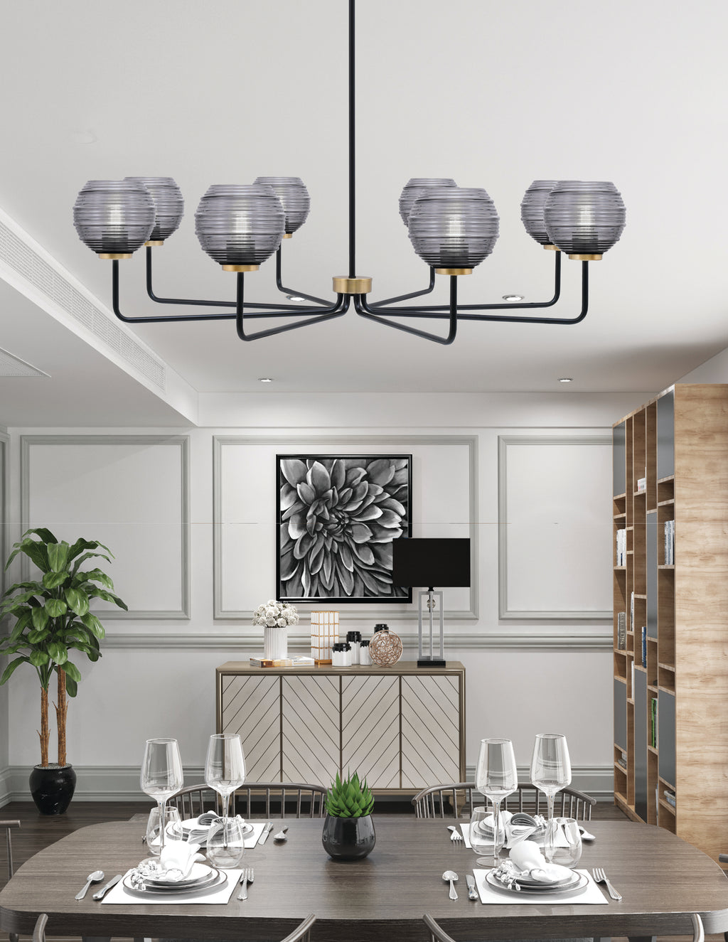 Sandia Eight Light Chandelier in Matte Black & New Age Brass with Smoke Ribbed Shade