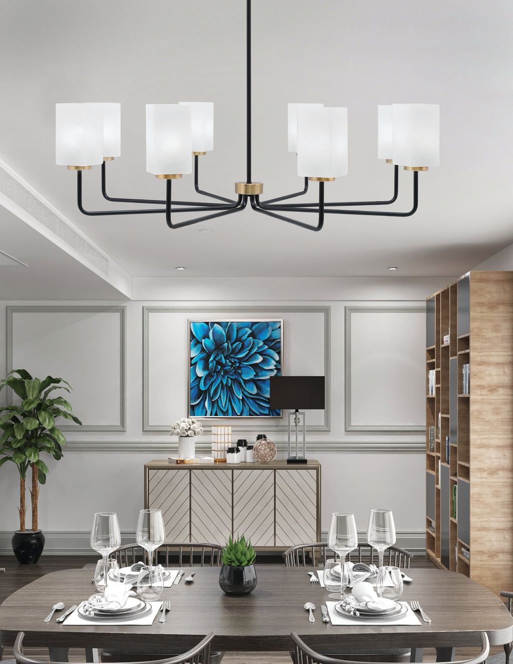 Sandia Eight Light Chandelier in Matte Black & New Age Brass with White Marble Shade