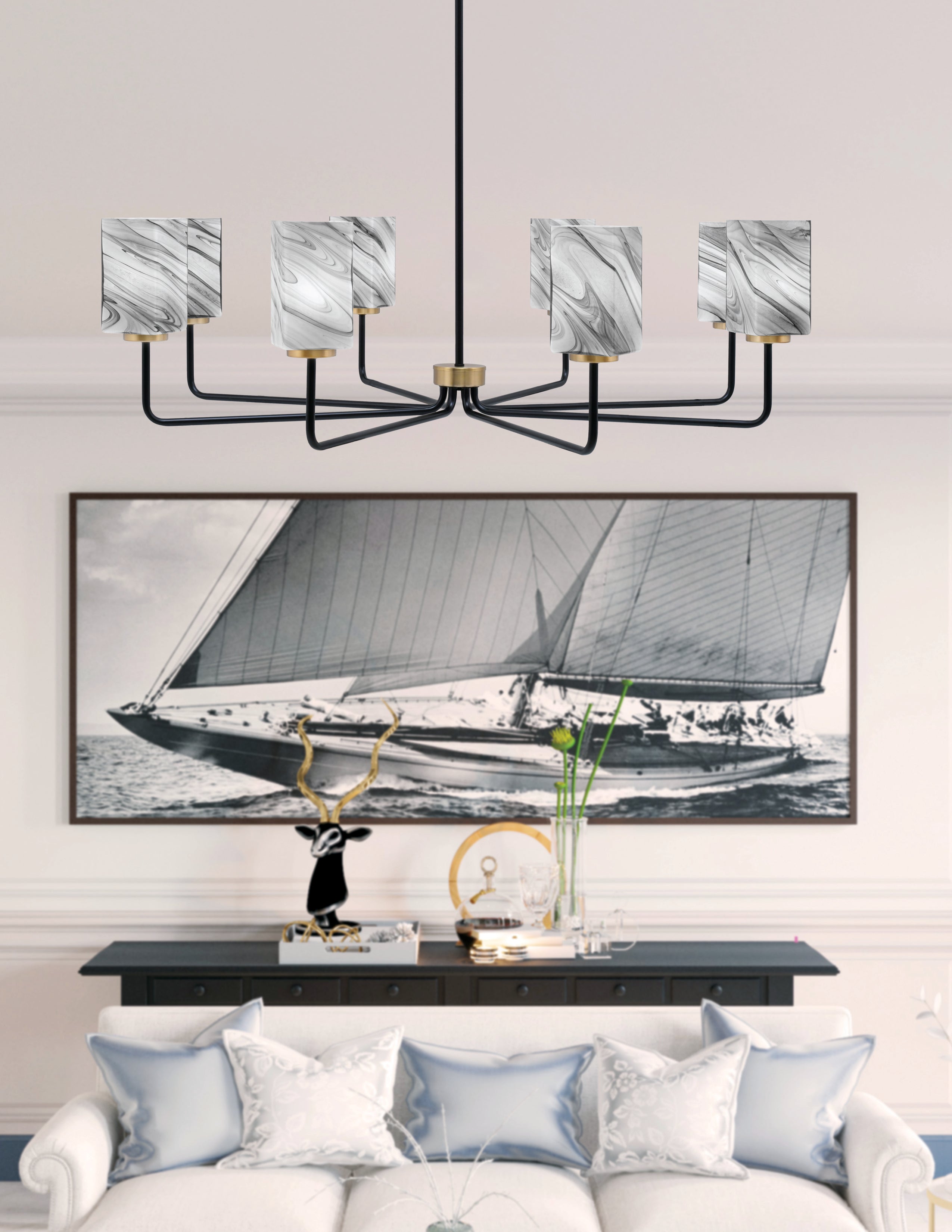 Sandia Eight Light Chandelier in Matte Black & New Age Brass with Onyx Swirl Shade