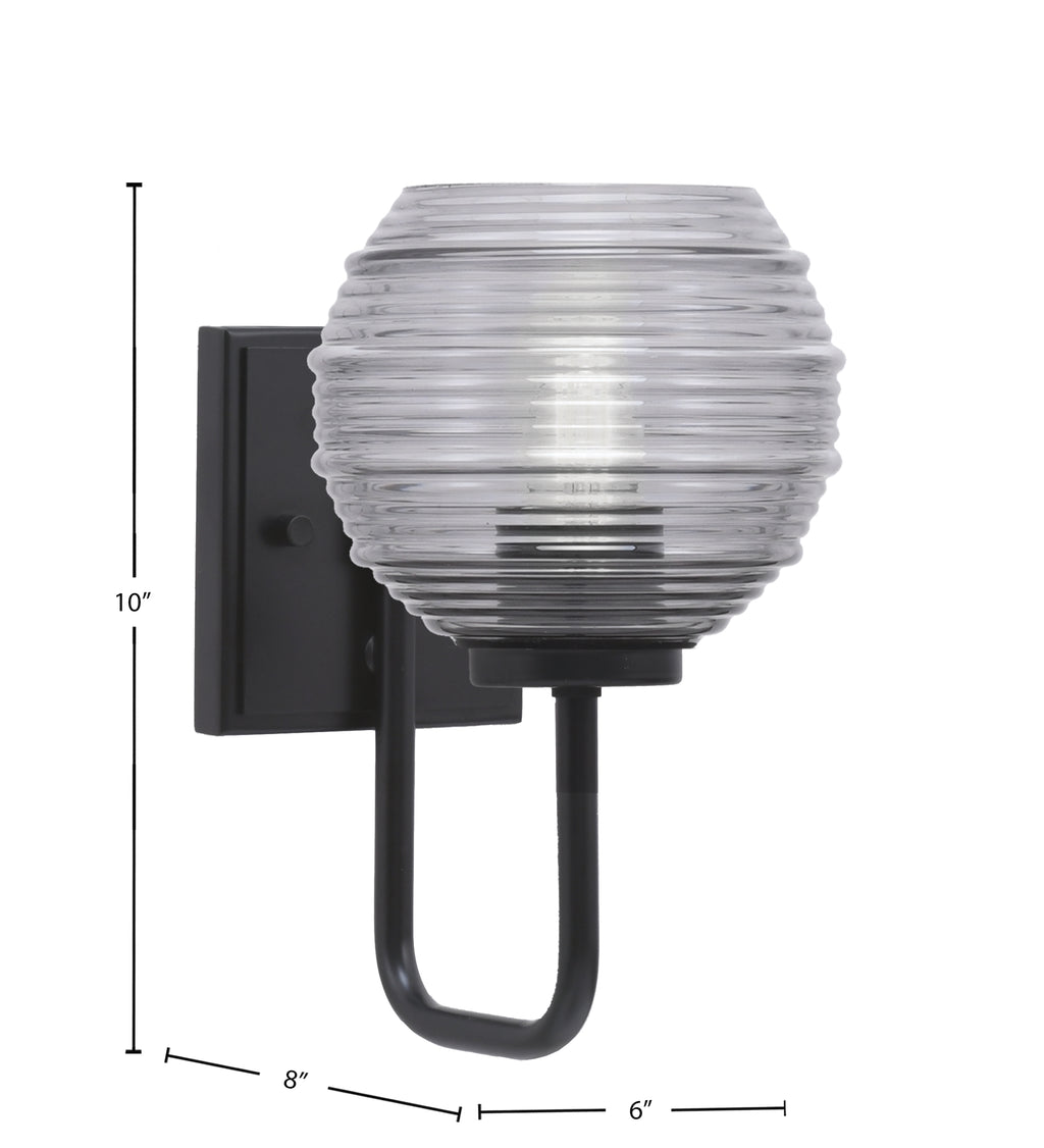 Sandia One Light Wall Sconce in Matte Black with Smoke Ribbed Shade