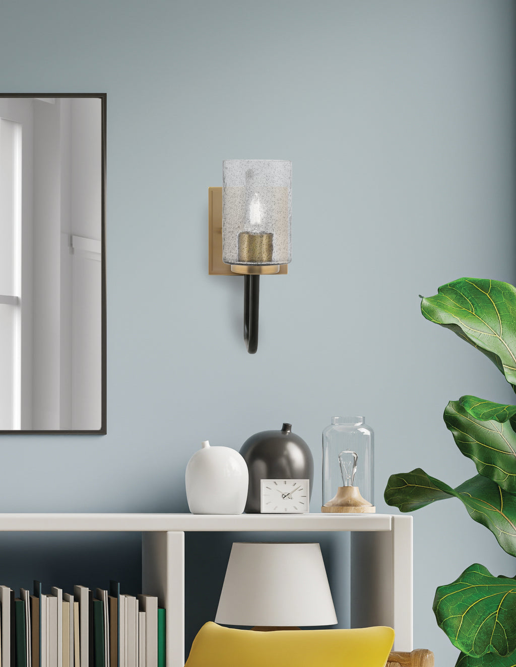 Sandia One Light Wall Sconce in Matte Black & New Age Brass with Smoke Bubble Shade