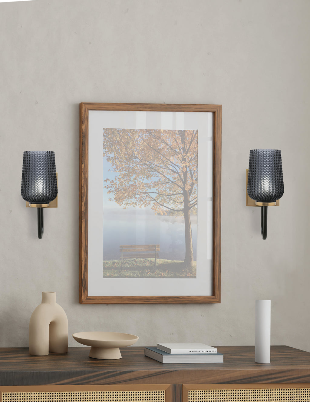 Sandia One Light Wall Sconce in Matte Black & New Age Brass with Smoke Textured Shade