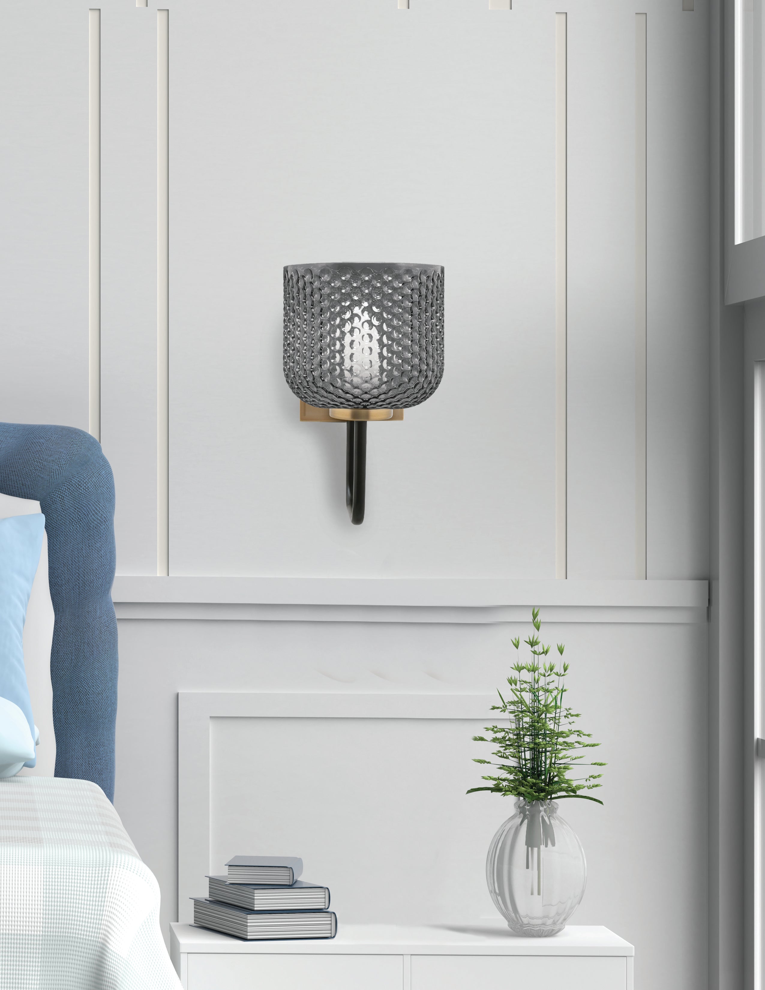 Sandia One Light Wall Sconce in Matte Black & New Age Brass with Smoke Textured Shade