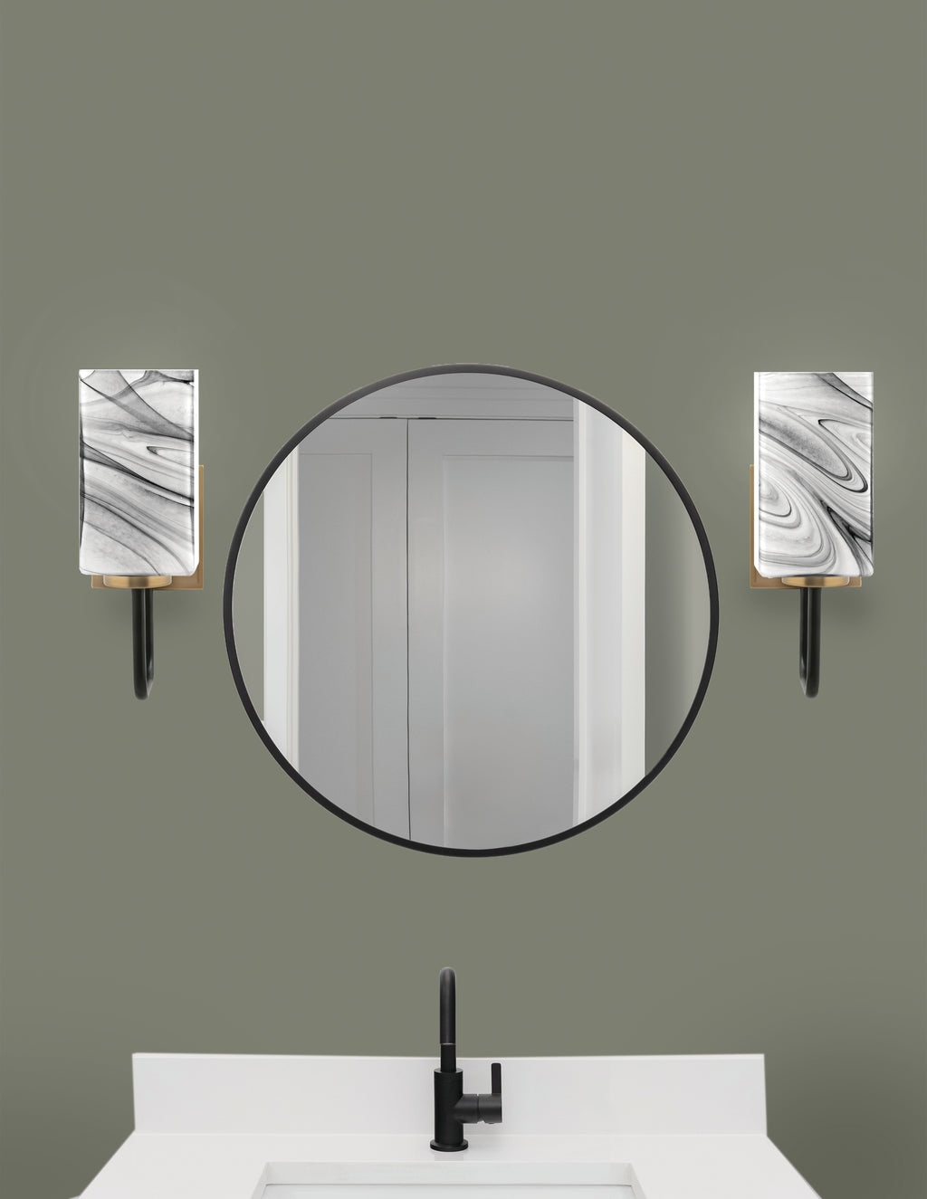 Sandia One Light Wall Sconce in Matte Black & New Age Brass with Onyx Swirl Shade