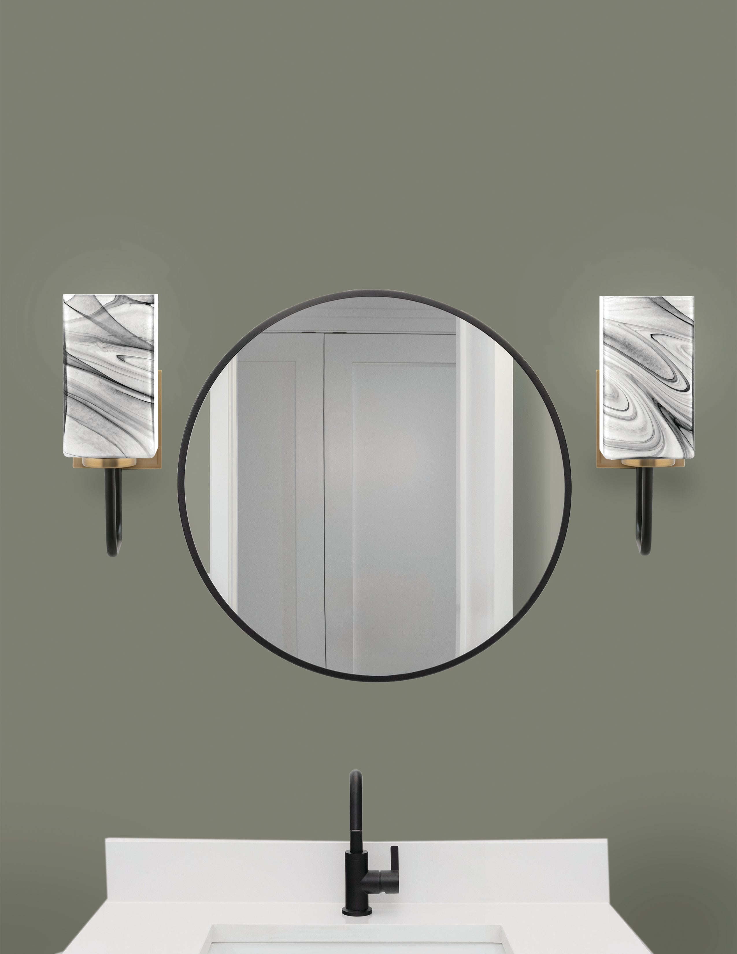 Sandia One Light Wall Sconce in Matte Black & New Age Brass with Onyx Swirl Shade