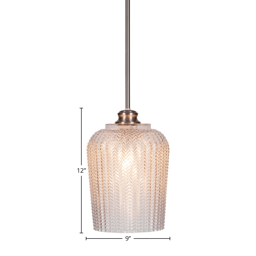 Cordova One Light Pendant in Brushed Nickel with 9" Clear Textured Shade