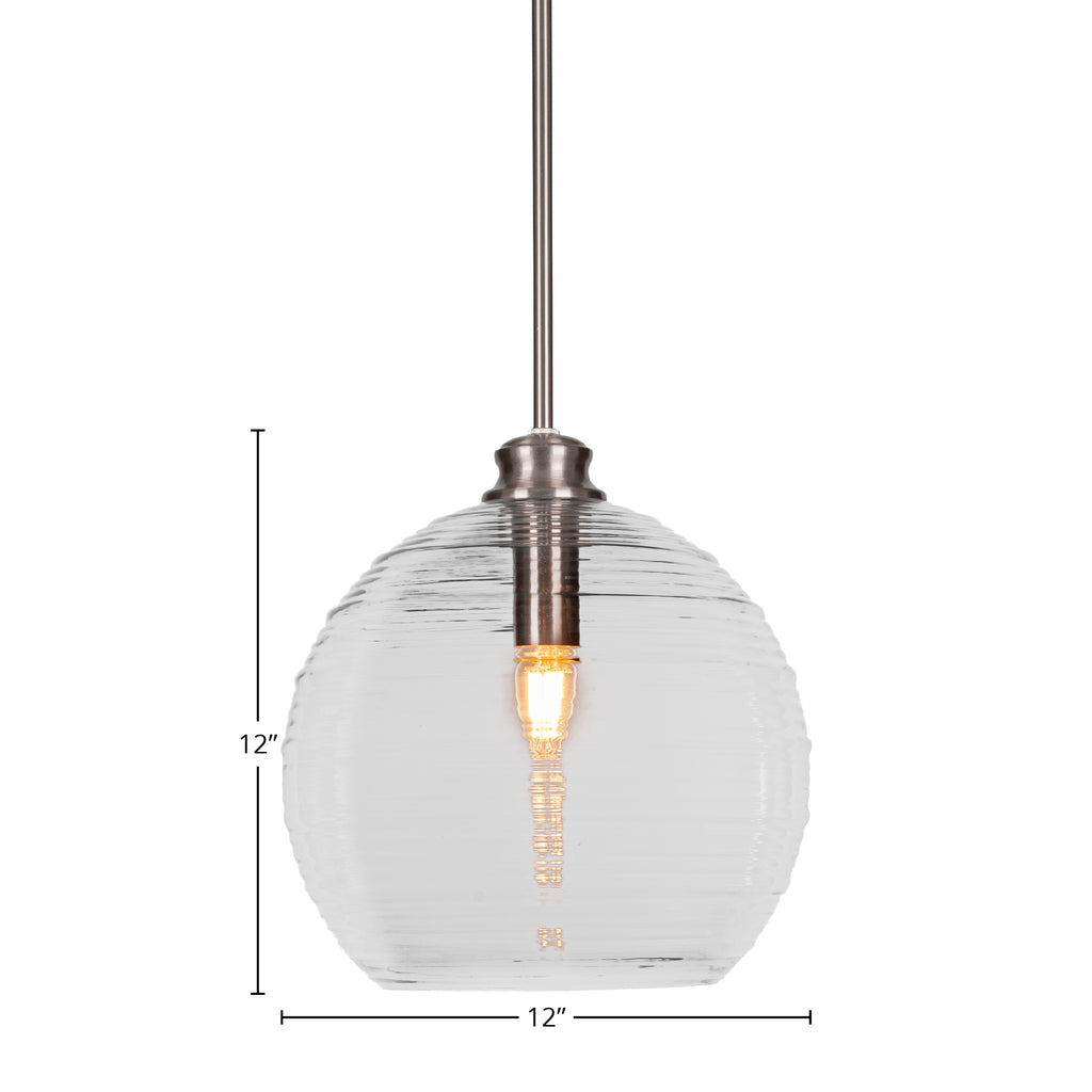 Malena One Light Pendant in Brushed Nickel with 12" Clear Ribbed Shade