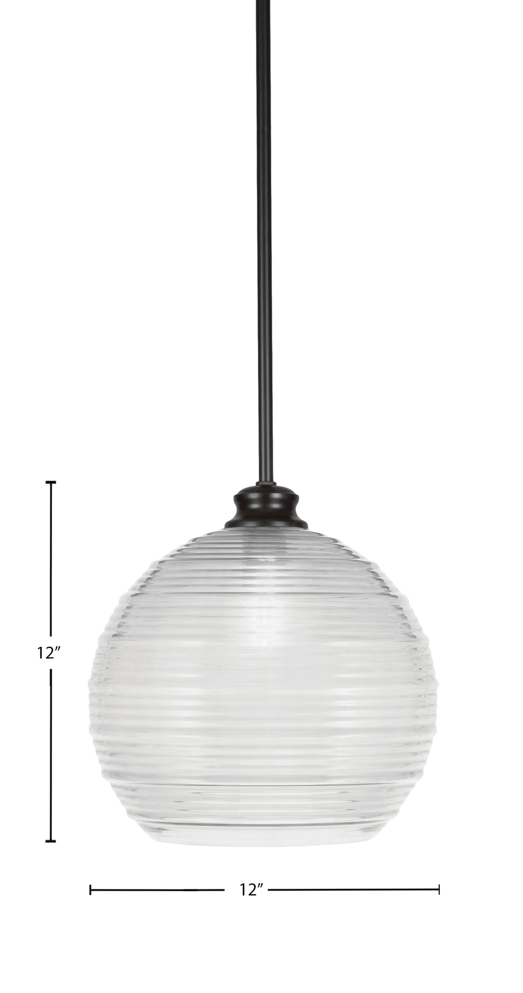 Malena One Light Pendant in Matte Black with 12" Clear Ribbed Shade