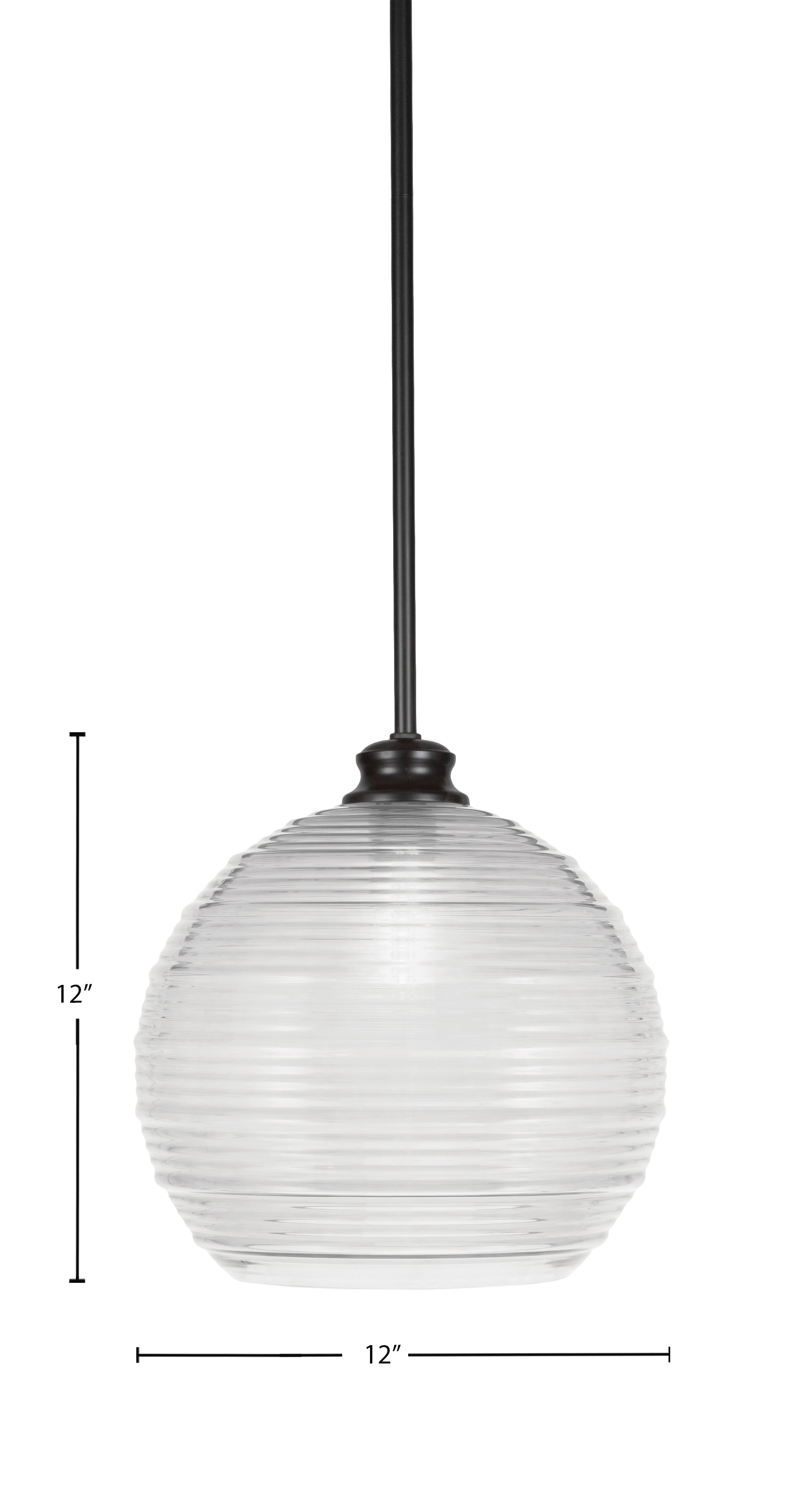 Malena One Light Pendant in Matte Black with 12" Clear Ribbed Shade