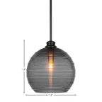Malena One Light Pendant in Matte Black with 12" Smoke Ribbed Shade