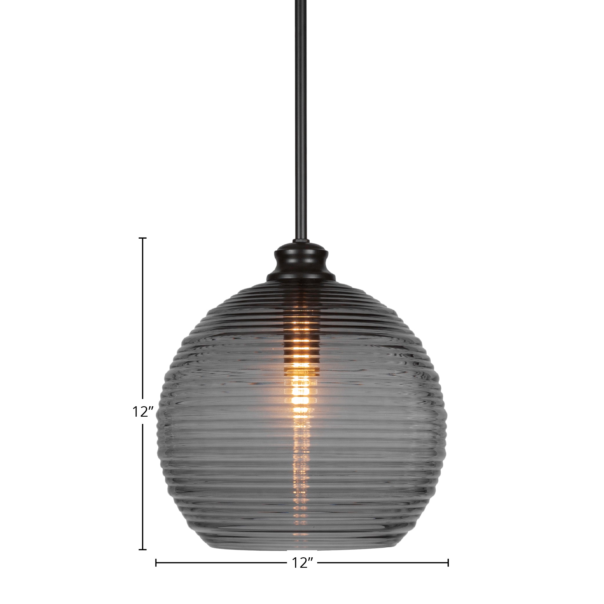 Malena One Light Pendant in Matte Black with 12" Smoke Ribbed Shade
