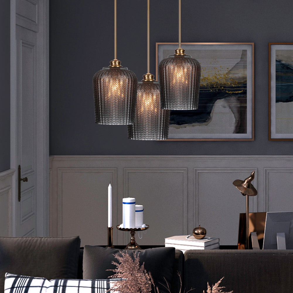 Cordova One Light Pendant in New Age Brass with 9" Smoke Textured Shade