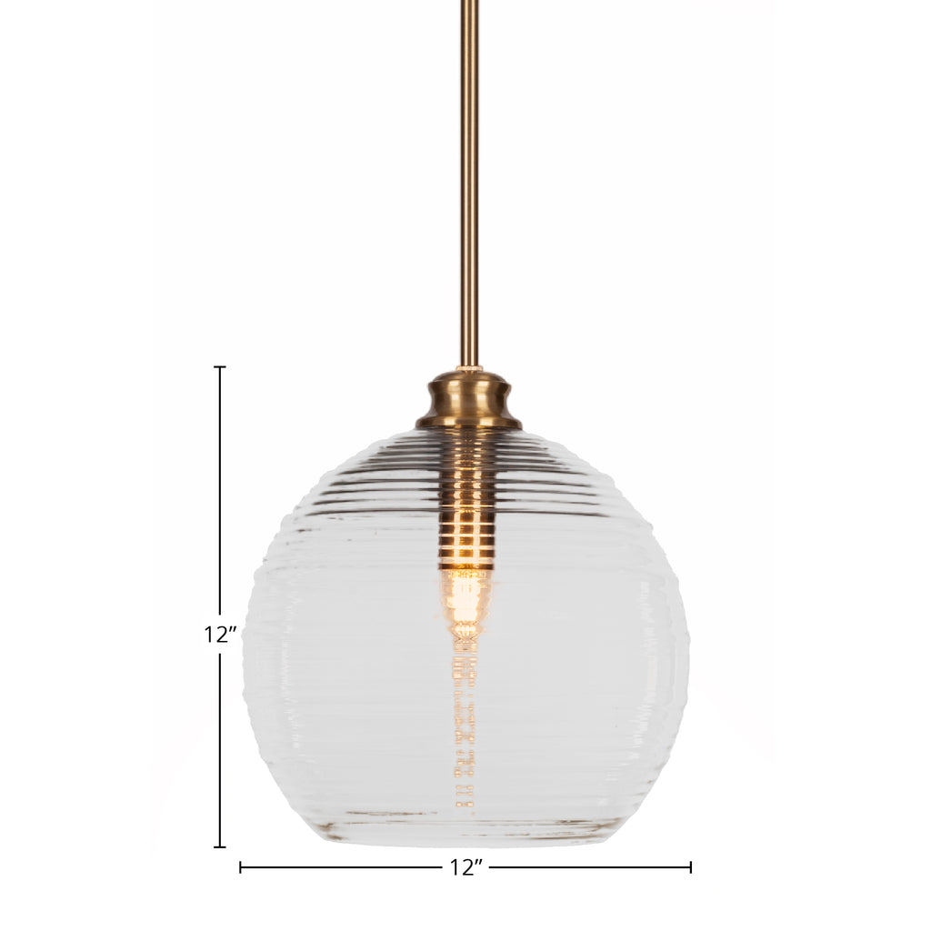 Malena One Light Pendant in New Age Brass with 12" Clear Ribbed Shade